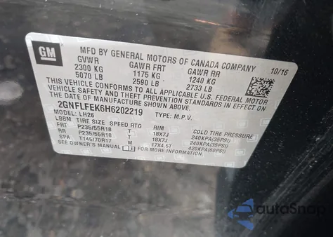 2017 Chevrolet Equinox Lt z USA, uszkodzony, nr VIN 2GNFLFEK6H6202219